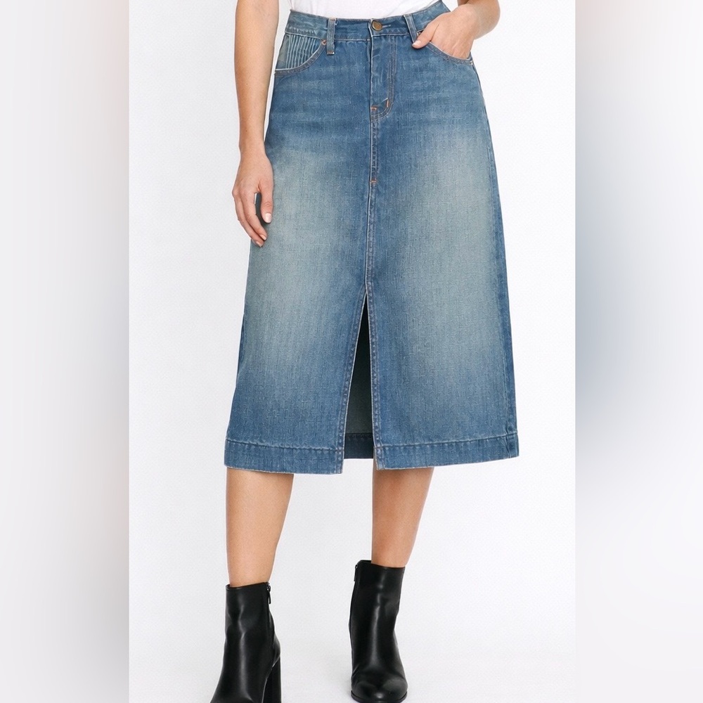 7 For All Mankind Denim Midi Skirt Size 29 Slim Straight Front Slit USA
